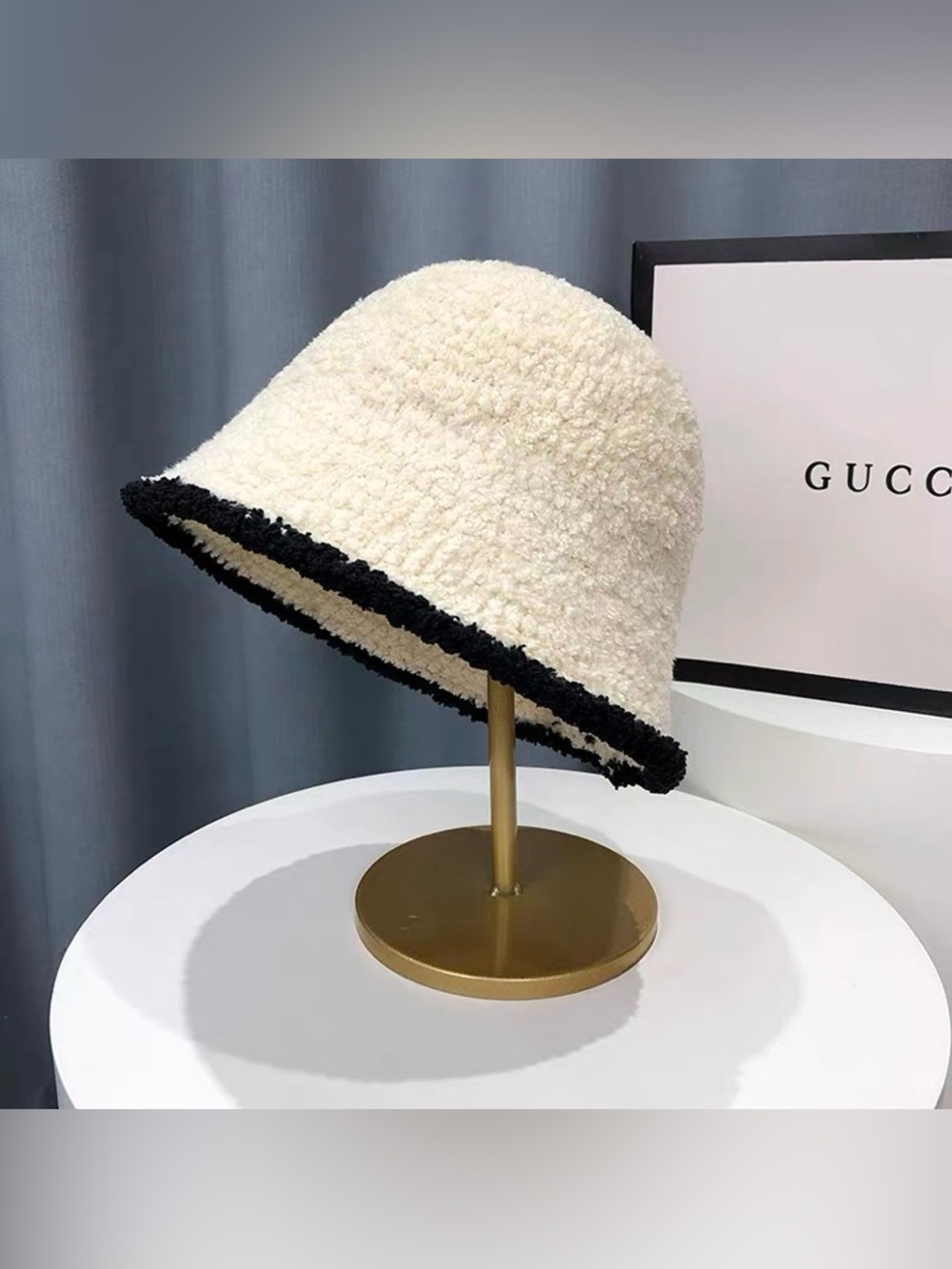 Cream Bouclé Bucket Hat with Black Trim